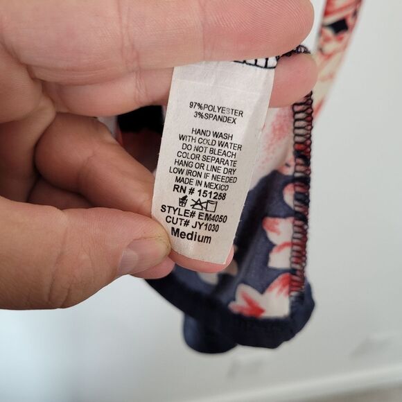 Floral Blouse Blue Pink Neck Tie Office Siren Y2K Fairy Coquette Whimsical M - Picture 8 of 8